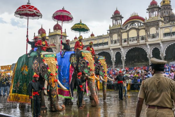 MYSORE, INDIA - OCTOBER 11: People watching parade / procession on Dussehra   festival, men riding on decorated elephant with umbrella at Mysore maharajas Palace on October 11, 2016 Karnataka, India.